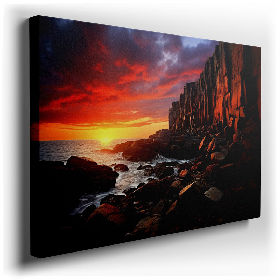 canvas print on wrapped canvas for wall decor – This wall art captures a breathtaking scene of nature's power and beauty, depicting a dramatic sunset over a rugged coas...