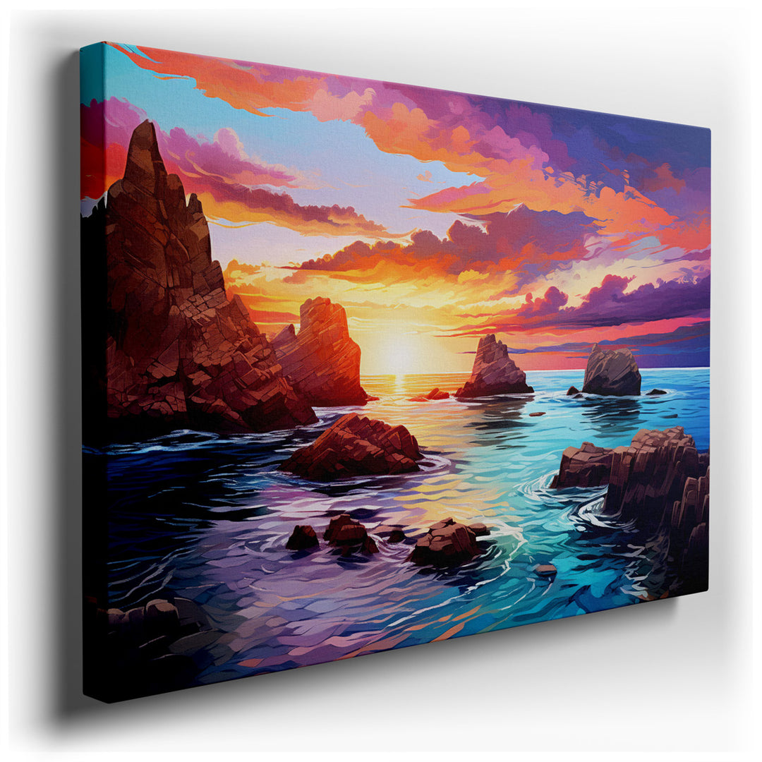 canvas print on wrapped canvas for wall decor – This exquisite wall art portrays a breathtaking seascape, where the majesty of a sunset unfolds across the canvas, envel...