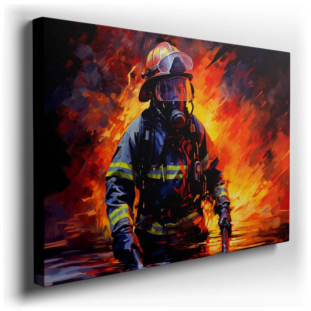 canvas print on wrapped canvas for wall decor – This wall art is a vivid and dynamic portrayal of a male firefighter in the midst of battling a fierce blaze. The centra...