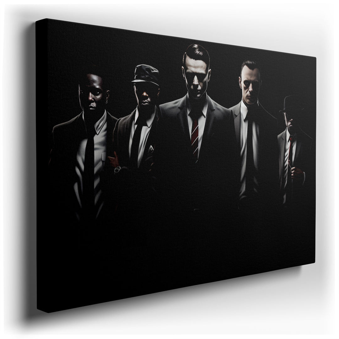 canvas print on wrapped canvas for wall decor – This captivating wall art portrays five men, each dressed in impeccably tailored suits, standing confidently against a s...