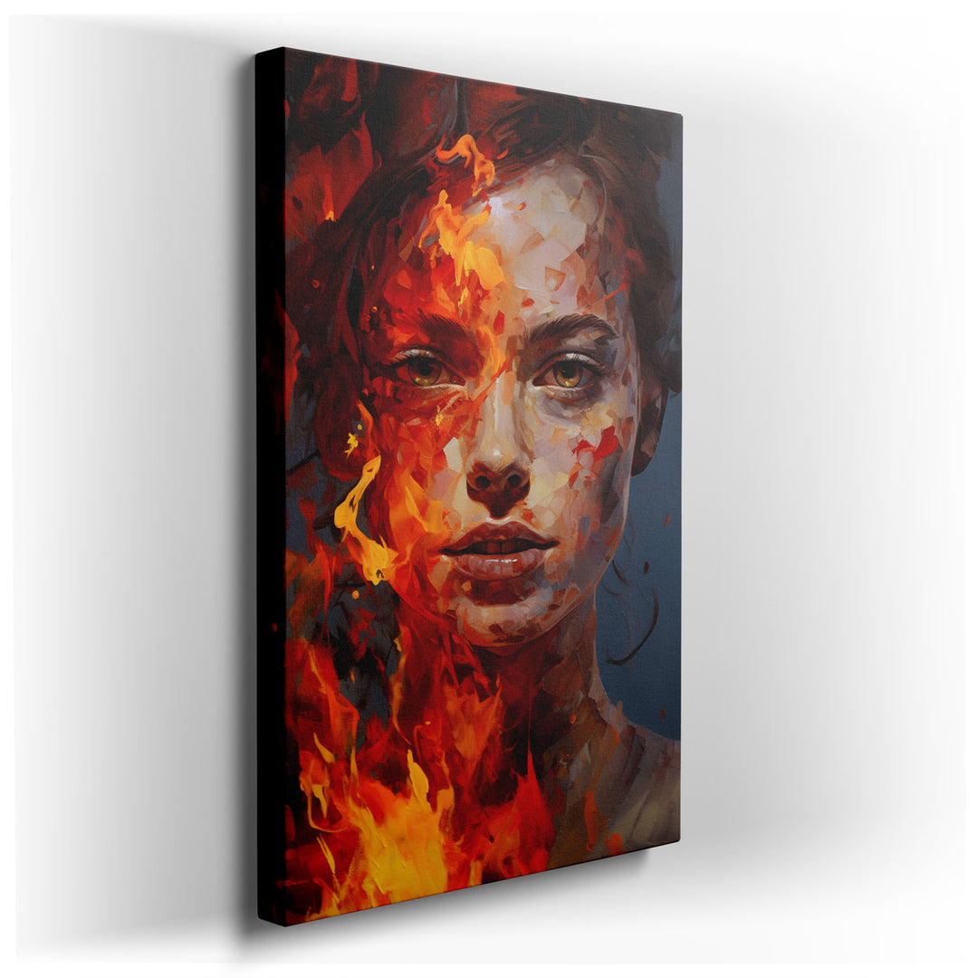 canvas print on wrapped canvas for wall decor – This wall art, a mesmerizing portrait of a woman whose face is dramatically engulfed in flames, is a profound representa...