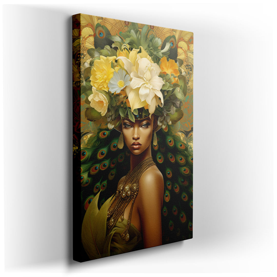 canvas print on wrapped canvas for wall decor – This captivating wall art portrays a woman whose presence is both commanding and serene, adorned with a resplendent flor...