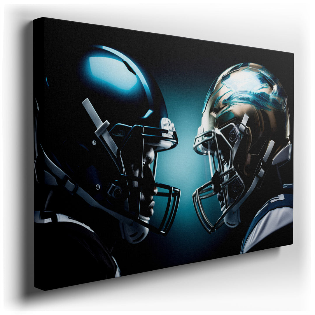 canvas print on wrapped canvas for wall decor – This wall art is a vivid and dynamic representation of the competitive spirit that defines football, focusing on two hel...