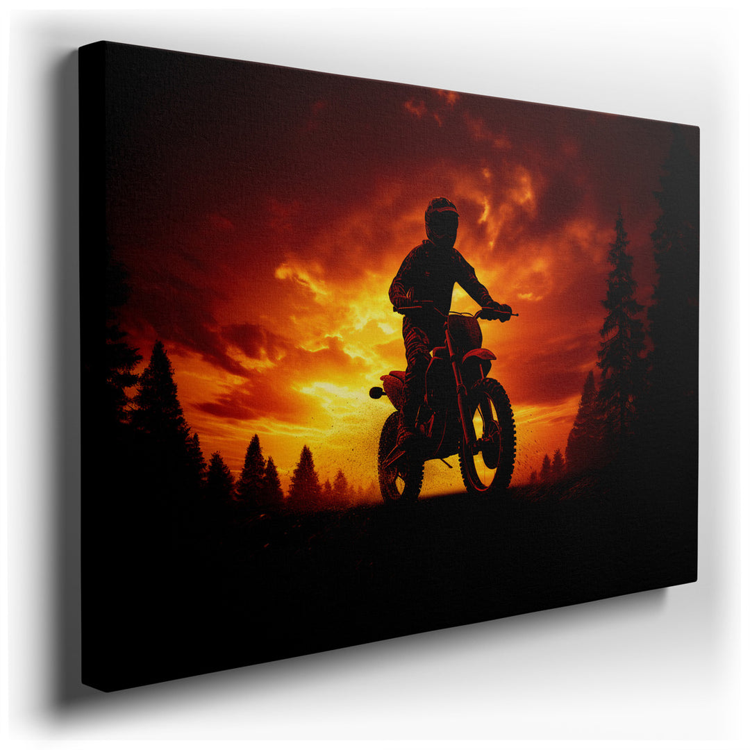 canvas print on wrapped canvas for wall decor – This wall art captures the essence of exhilaration and liberty, portraying a motorcycle rider silhouetted against a brea...