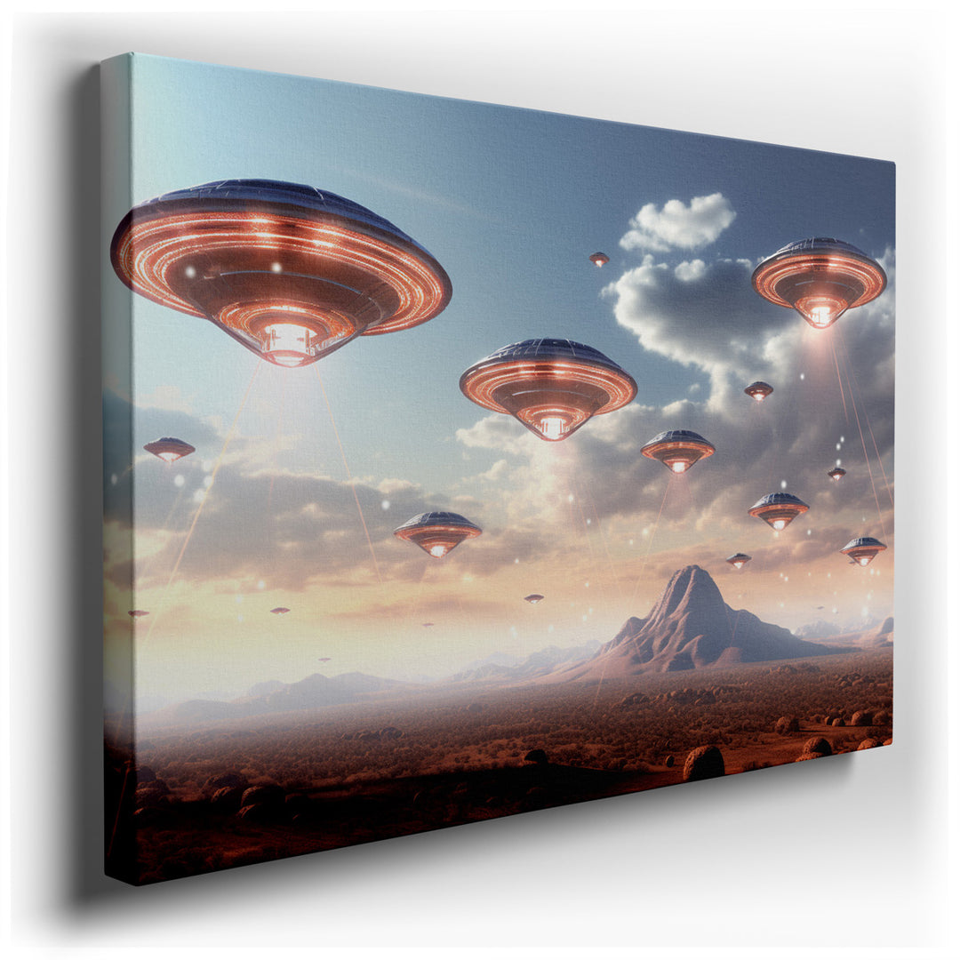 canvas print on wrapped canvas for wall decor – This imaginative digital artwork transports viewers to a futuristic alien landscape, masterfully crafted to evoke a sens...