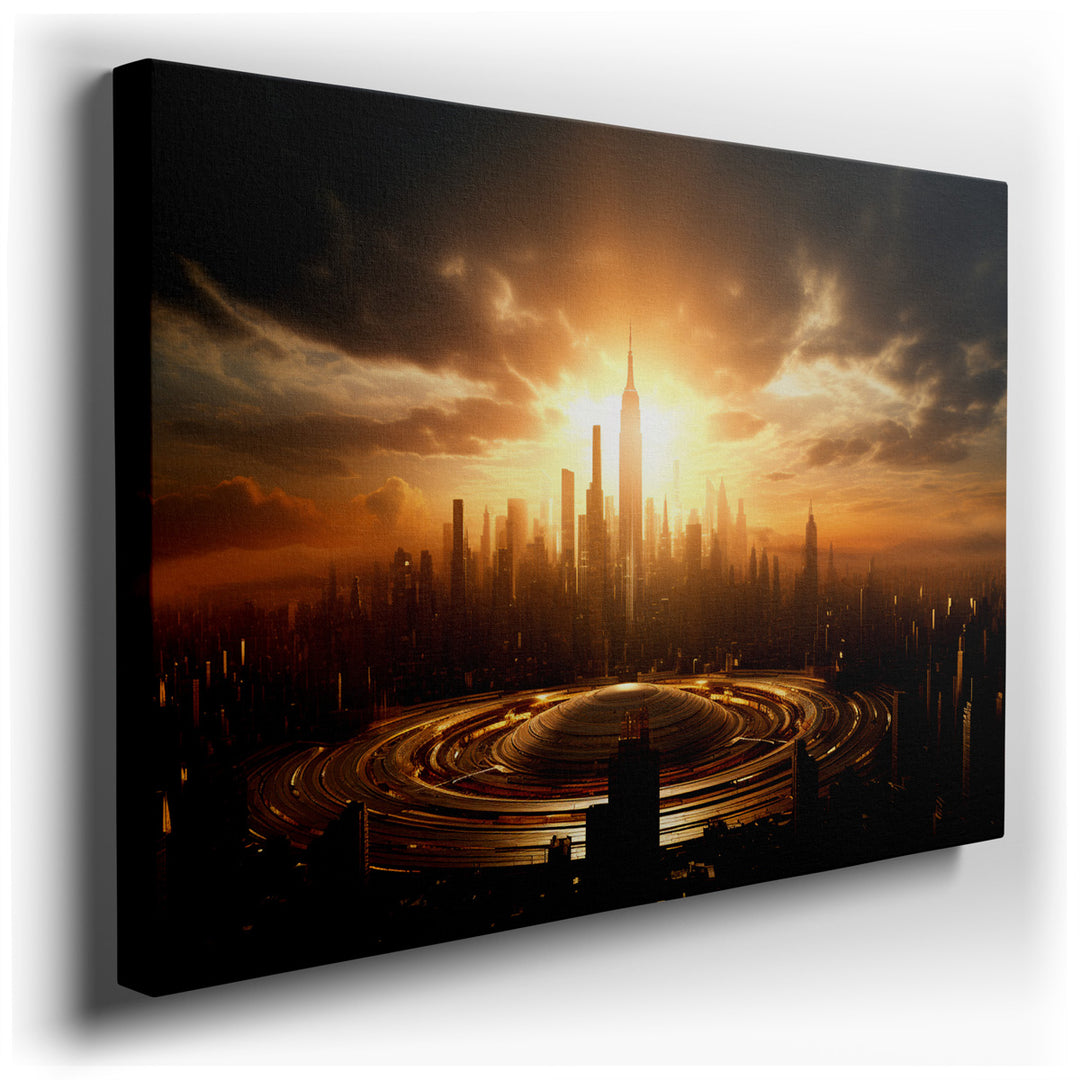 canvas print on wrapped canvas for wall decor – This wall art, a mesmerizing portrayal of a futuristic cityscape at sunset, is a masterful canvas of vibrant colors and...