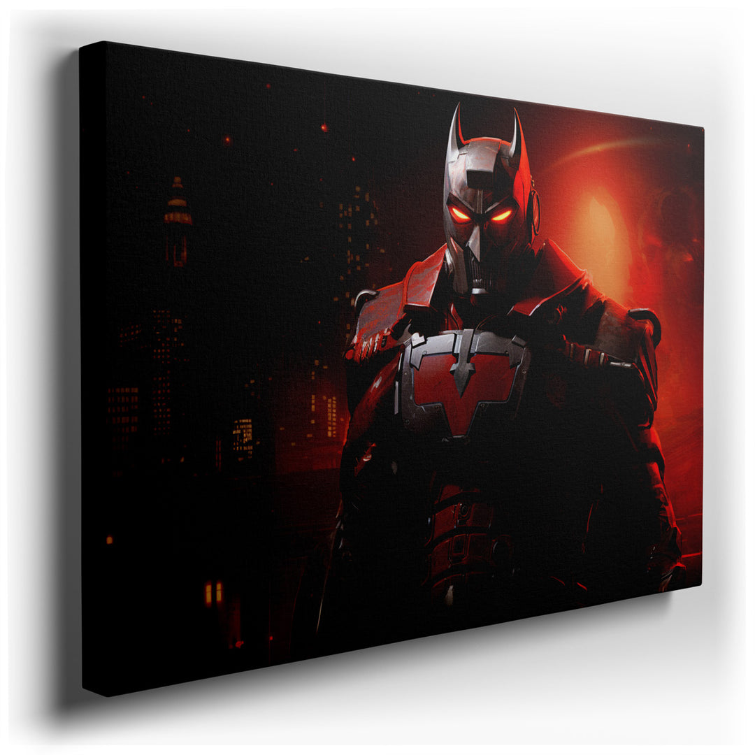 canvas print on wrapped canvas for wall decor – This captivating wall art portrays a futuristic robotic hero, a figure of strength and resilience, set against a broodin...