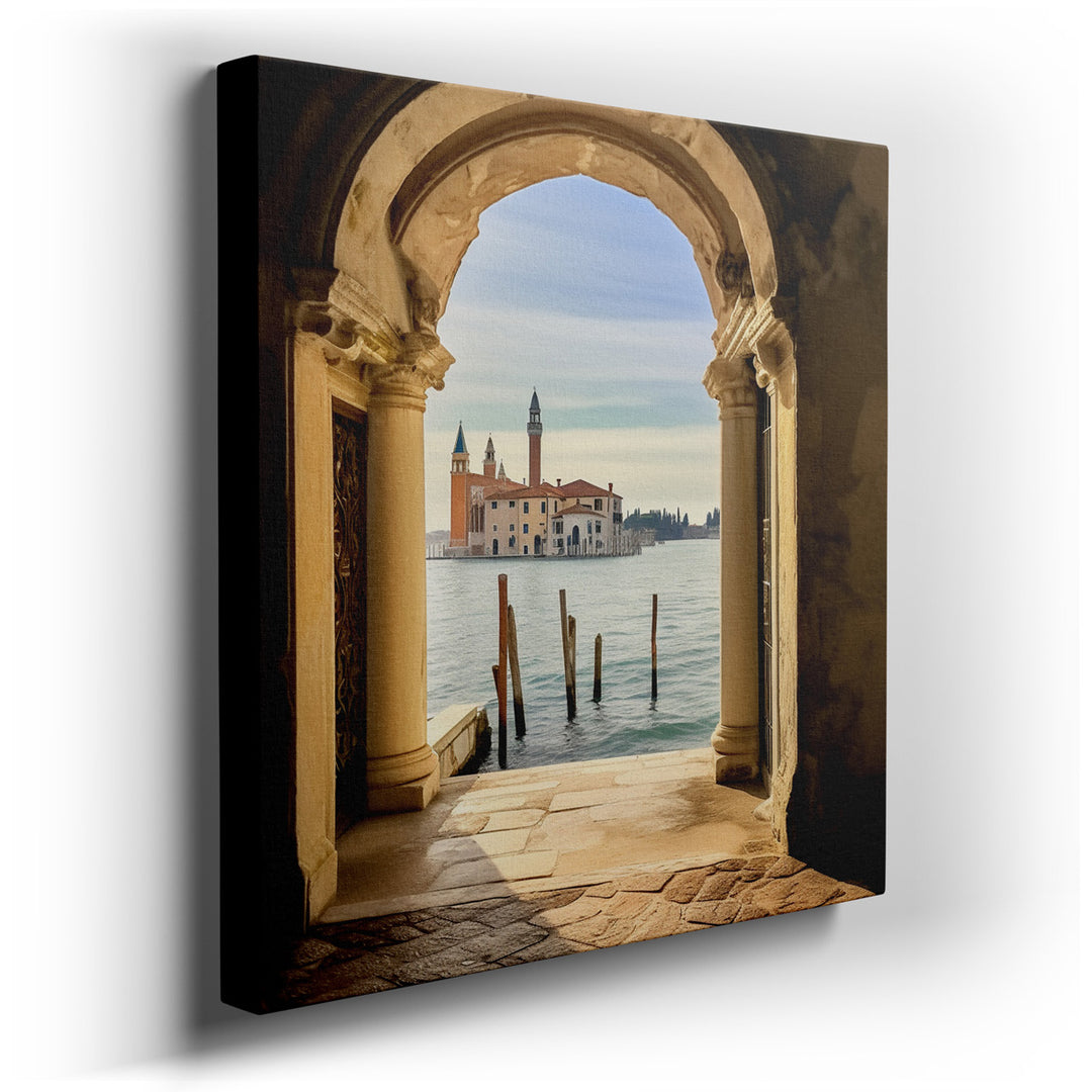 canvas print on wrapped canvas for wall decor – This wall art, a masterful depiction of historic architecture viewed through an ornate arched doorway, offers a unique p...