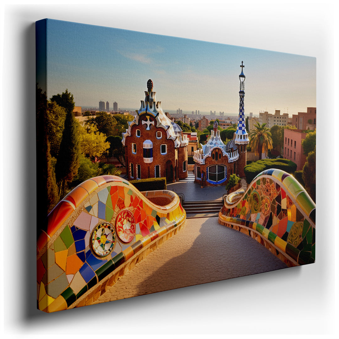 canvas print on wrapped canvas for wall decor – This enchanting wall art captures the essence of Park Güell, the iconic public park system located on Carmel Hill in Bar...