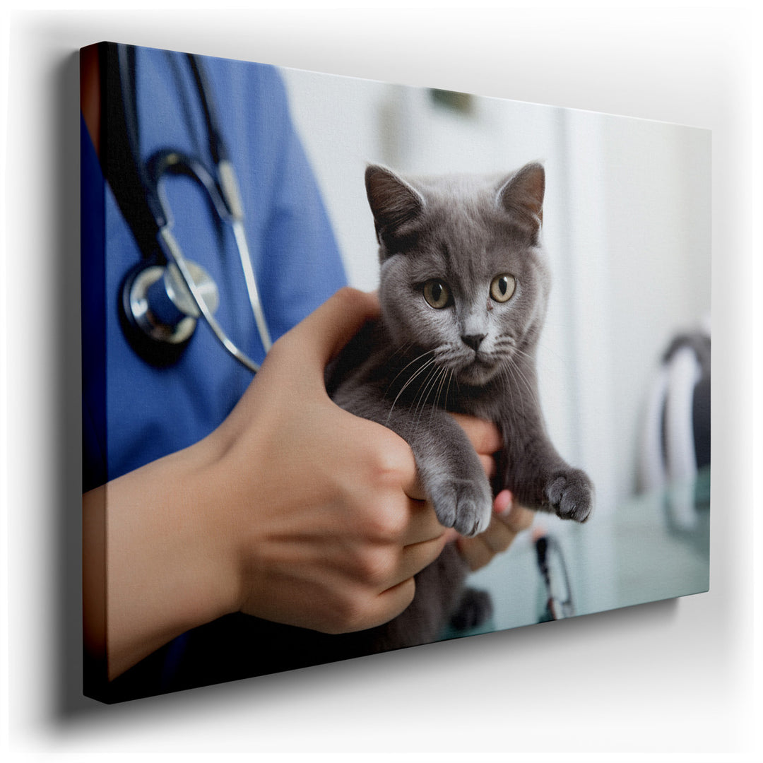 canvas print on wrapped canvas for wall decor – In this evocative wall art, the artist masterfully captures a tender moment between a veterinarian and a small gray kitt...