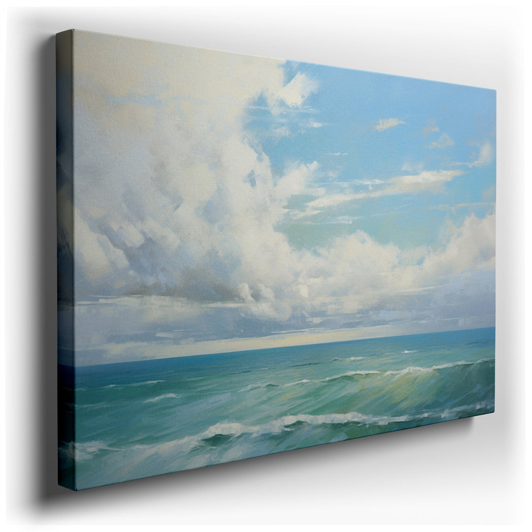 canvas print on wrapped canvas for wall decor – This wall art, a serene depiction of a tranquil seascape, captures the gentle essence of soft waves as they tenderly car...