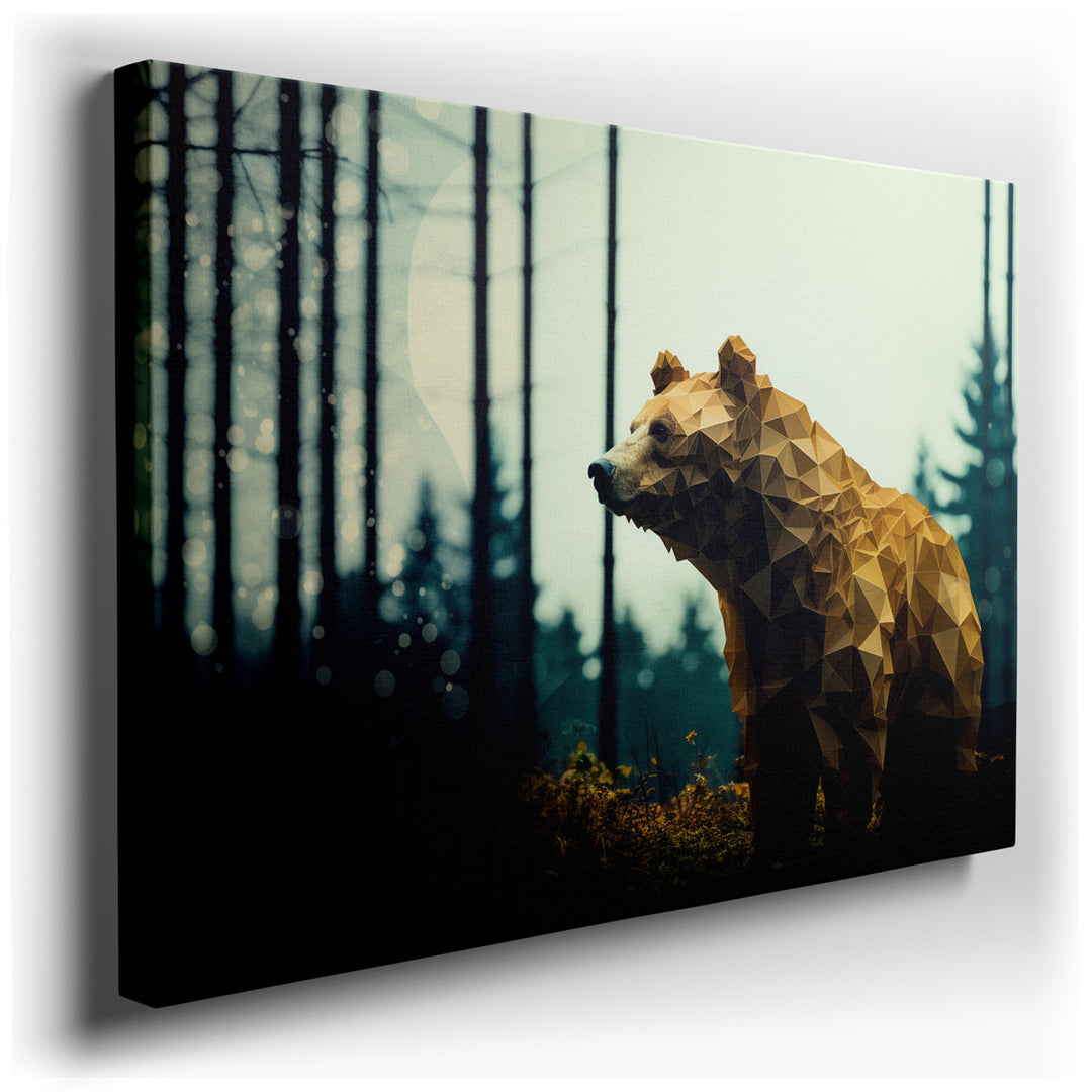 canvas print on wrapped canvas for wall decor – This wall art, a captivating blend of modern art and wildlife representation, features a stylized geometric bear poised...