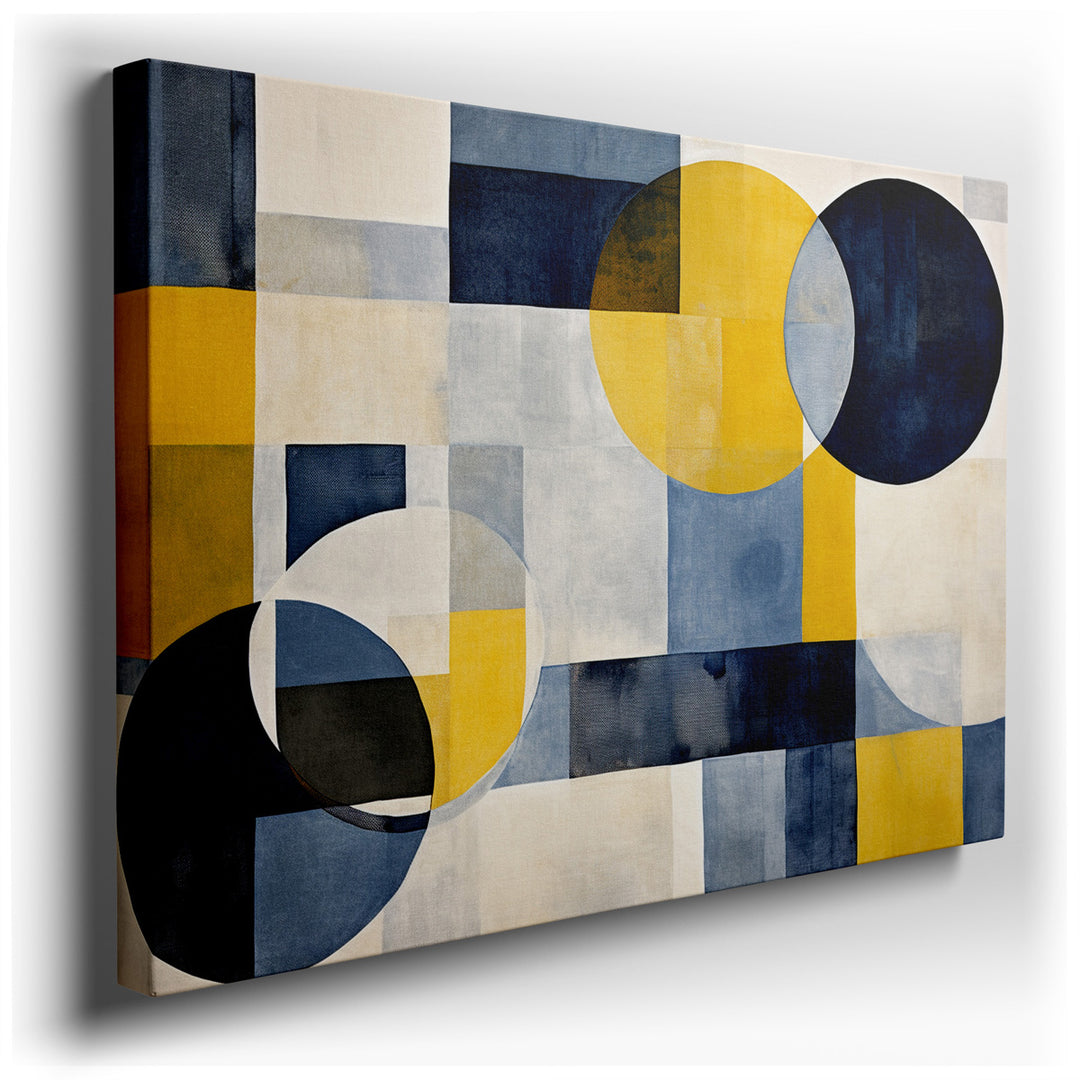canvas print on wrapped canvas for wall decor – This modern abstract wall art is a captivating visual symphony of geometric shapes, primarily rendered in a palette of b...
