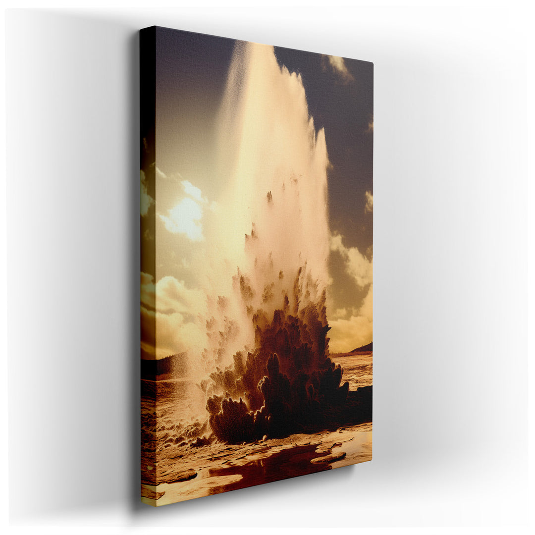 canvas print on wrapped canvas for wall decor – This captivating wall art masterfully depicts the awe-inspiring eruption of a geyser, set against the serene and majesti...