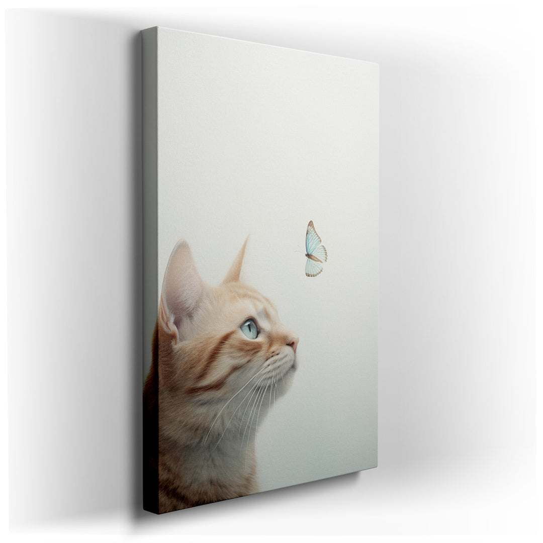 canvas print on wrapped canvas for wall decor – This enchanting wall art captures the quintessential moment of curiosity and wonder as a ginger cat, with its fur illumi...