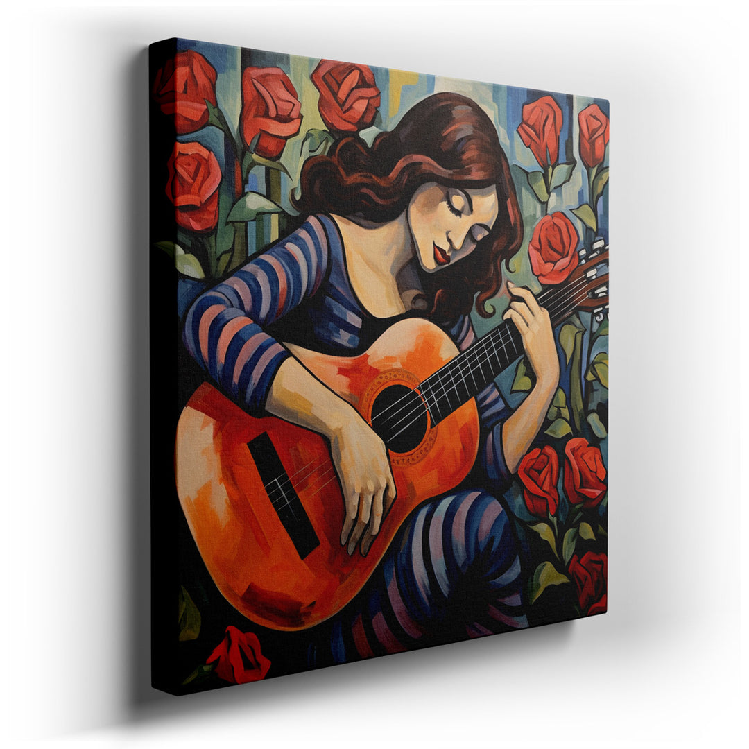 canvas print on wrapped canvas for wall decor – This enchanting wall art captures the essence of a young girl deeply immersed in the art of music, her fingers gracefull...