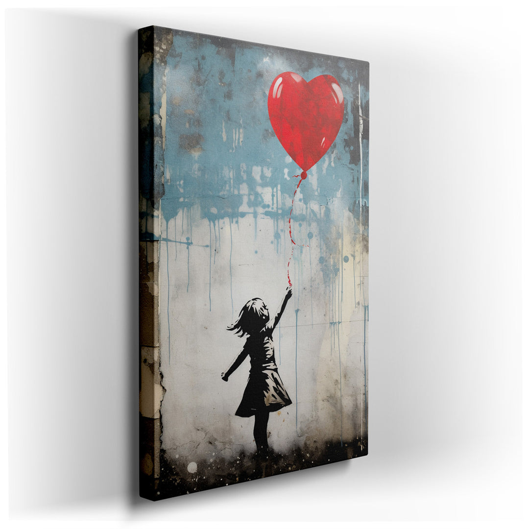 canvas print on wrapped canvas for wall decor – This captivating wall art, a quintessential piece of street art, portrays the poignant silhouette of a young girl reachi...