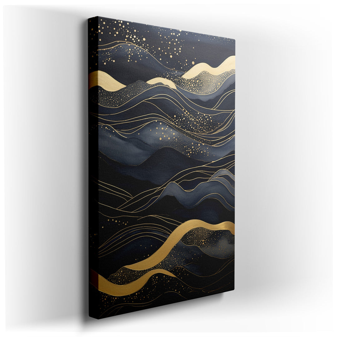 canvas print on wrapped canvas for wall decor – This wall art, a captivating composition of dynamic waves, is rendered in a rich palette of gold and blue hues that imme...