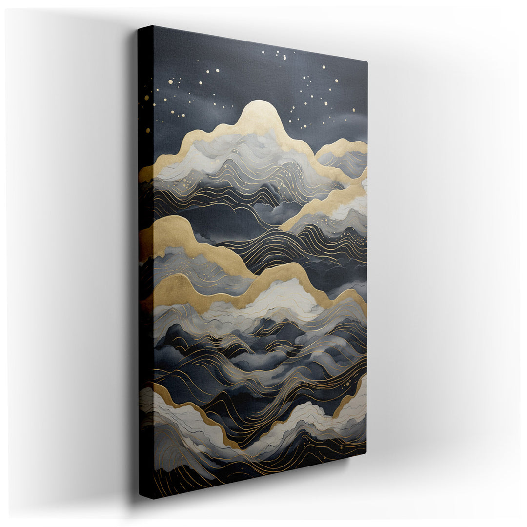 canvas print on wrapped canvas for wall decor – This captivating wall art is an abstract portrayal that masterfully combines gold and blue hues, creating a visual symph...