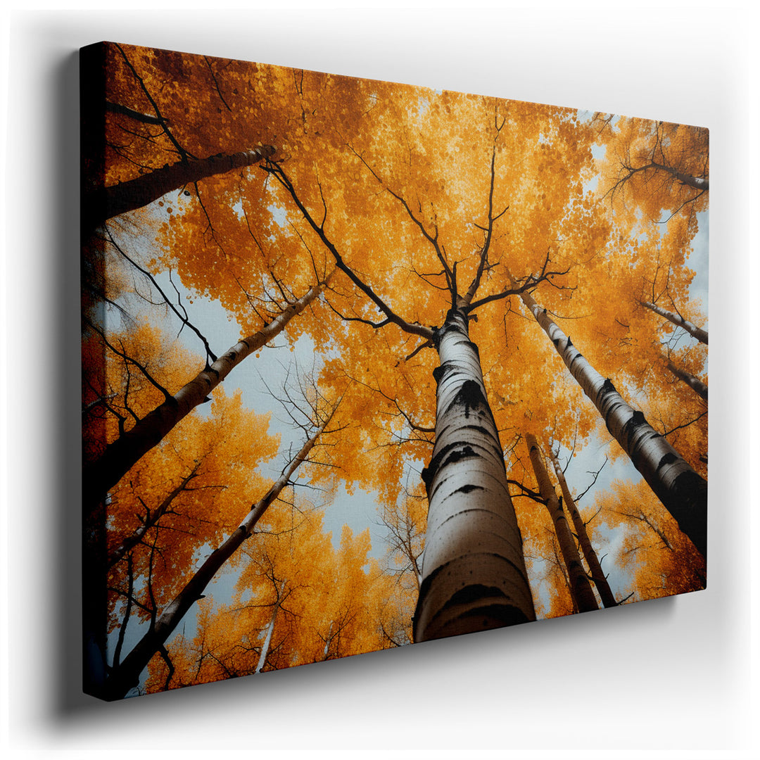 canvas print on wrapped canvas for wall decor – This exquisite wall art offers a mesmerizing perspective of an autumnal forest, viewed from beneath the towering trees....