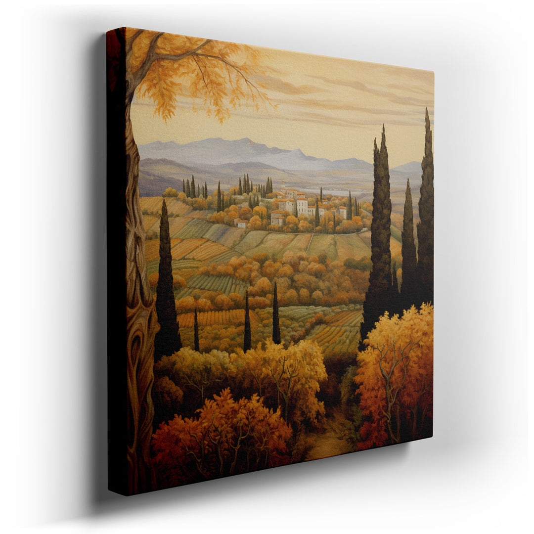 canvas print on wrapped canvas for wall decor – This exquisite wall art captures the essence of a serene autumn landscape, where the golden hues of fall gracefully inte...