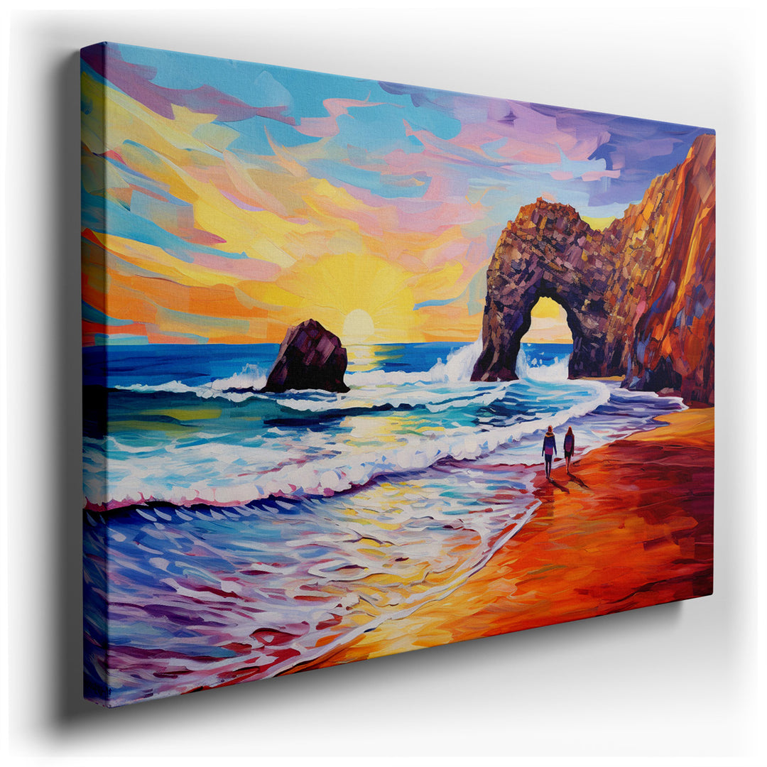canvas print on wrapped canvas for wall decor – This enchanting wall art captures a tranquil moment on a golden sandy beach, where the gentle embrace of the evening sun...