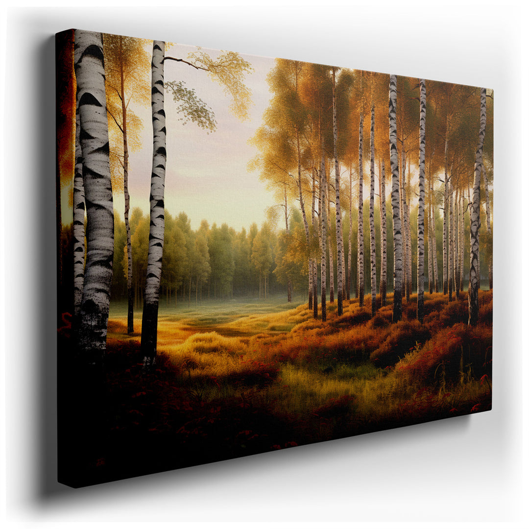 canvas print on wrapped canvas for wall decor – This exquisite wall art captures the essence of a serene autumnal landscape, where golden birch trees stand majestically...