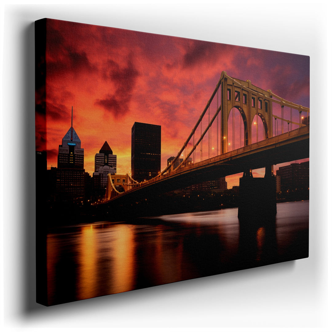 canvas print on wrapped canvas for wall decor – This wall art is a masterful depiction of an urban landscape transformed by the enchanting light of dusk, capturing a mo...