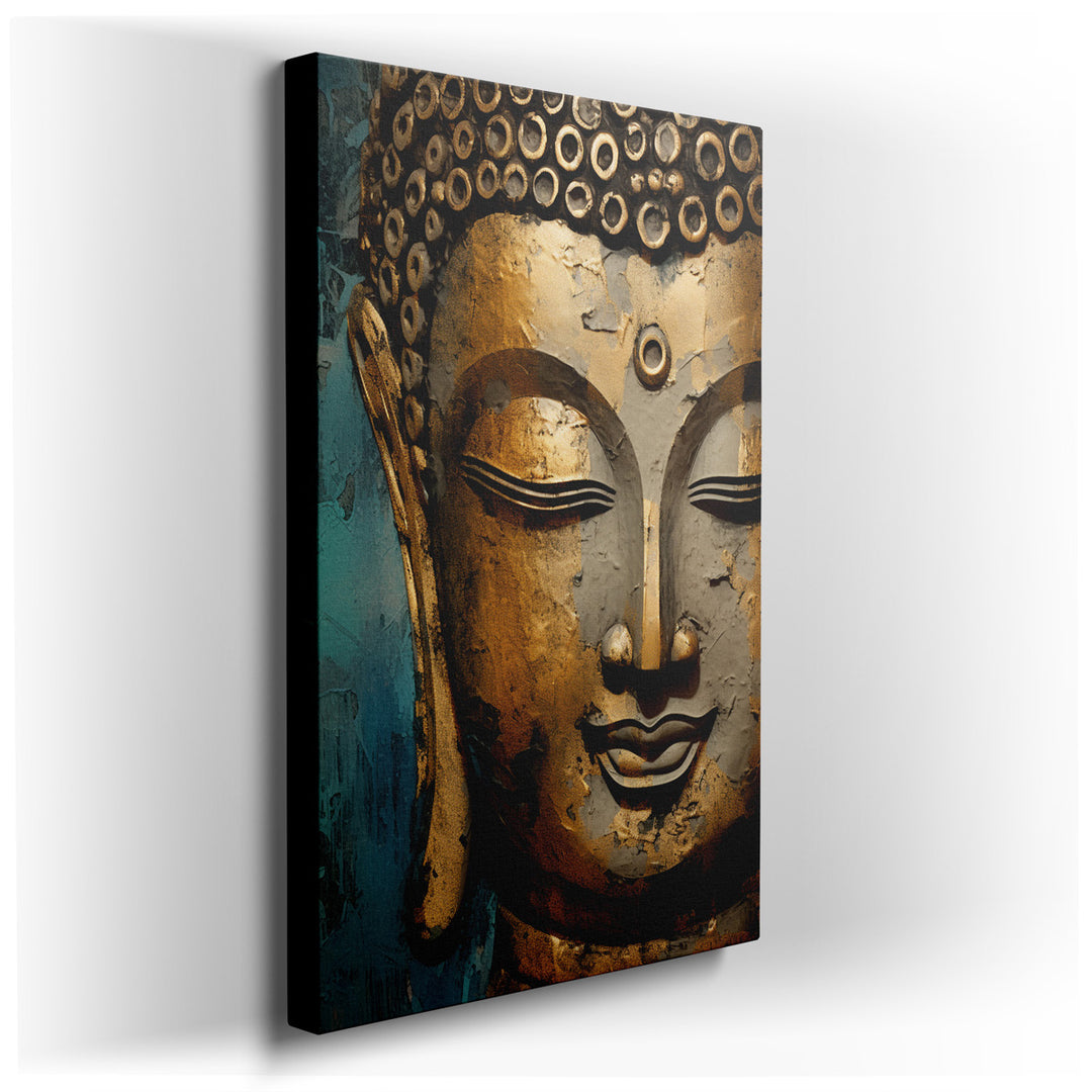 canvas print on wrapped canvas for wall decor – This wall art, an exquisite artistic representation of a golden Buddha statue, is a masterpiece of texture, depth, and s...