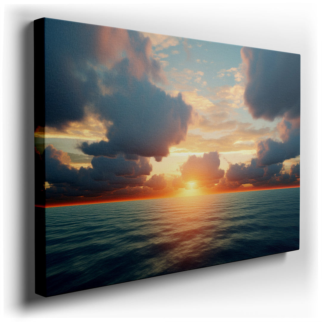 canvas print on wrapped canvas for wall decor – This exquisite wall art captures the serene beauty of a coastal sunset with a masterful depiction of the sun's descent b...