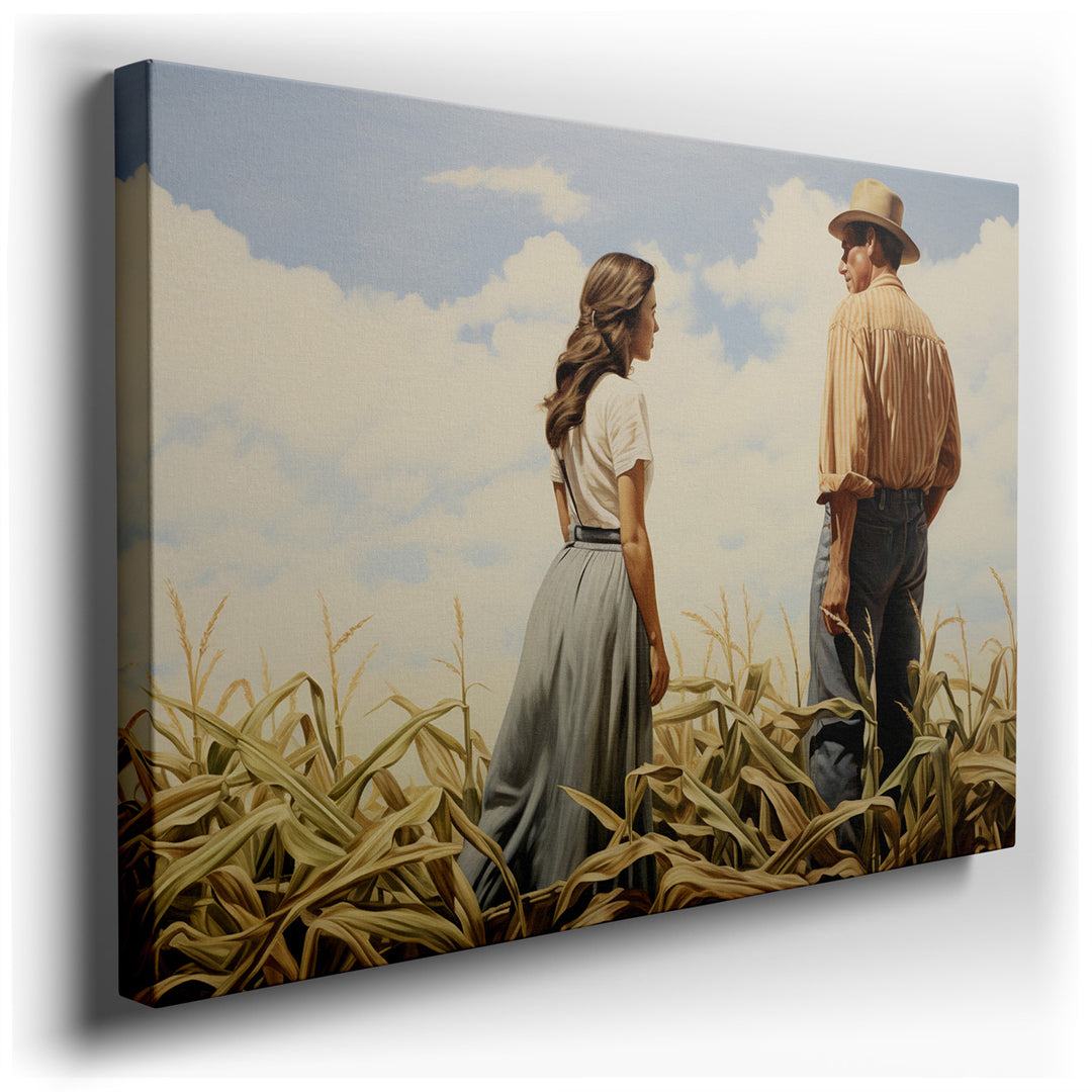 canvas print on wrapped canvas for wall decor – This enchanting wall art captures a tender moment between a couple standing in the midst of a sprawling cornfield, their...