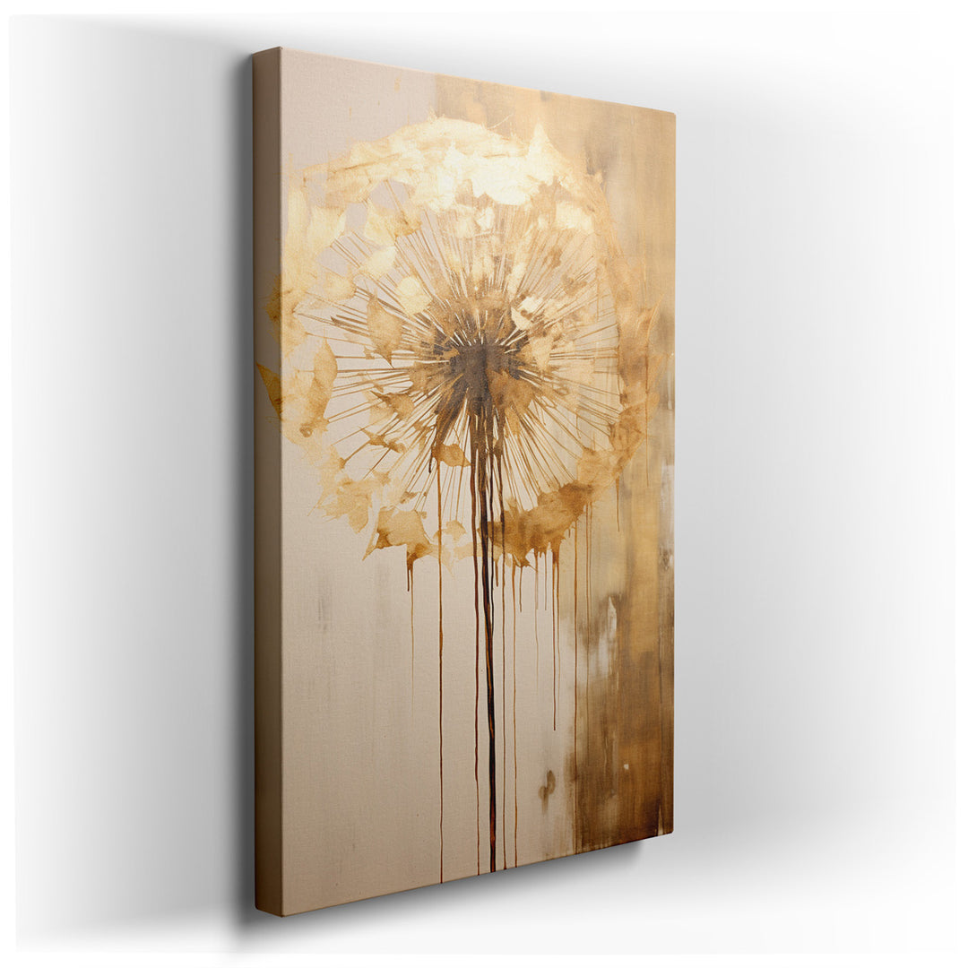 canvas print on wrapped canvas for wall decor – This exquisite wall art captures the ethereal beauty of a golden dandelion, set against a delicately muted background th...