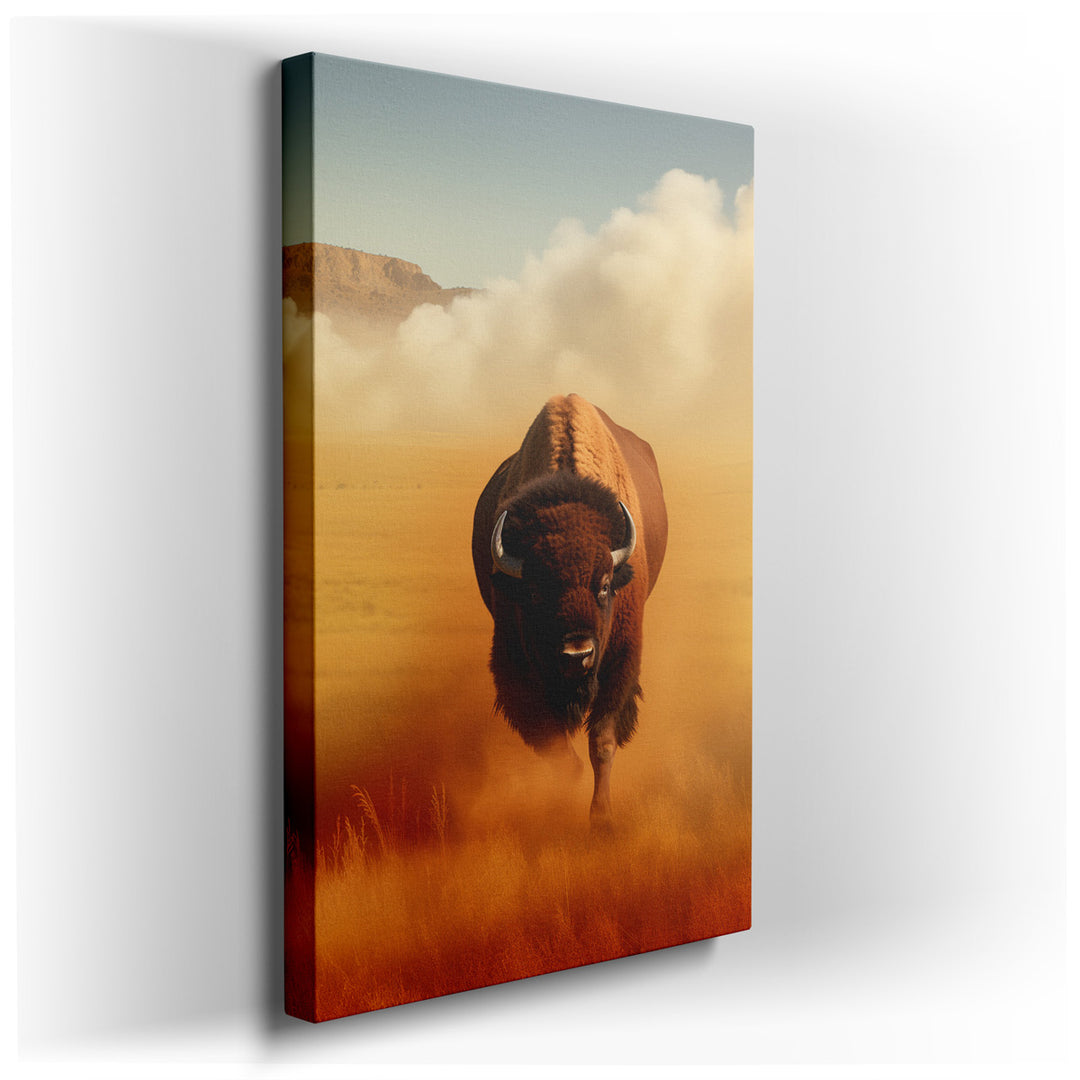 canvas print on wrapped canvas for wall decor – This wall art, a striking depiction of a powerful bison confidently traversing a dusty, golden landscape, is a masterpie...