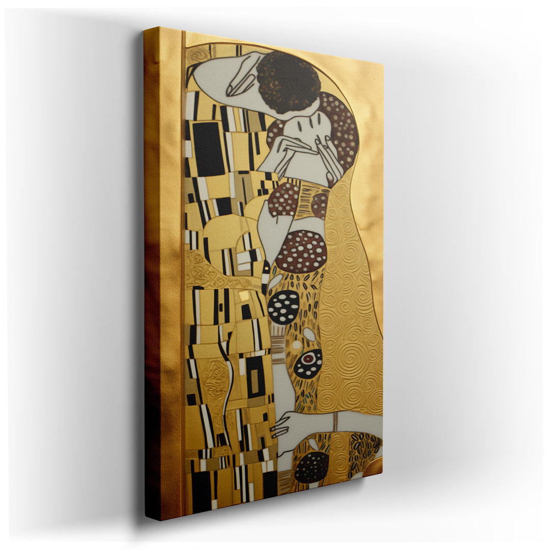 canvas print on wrapped canvas for wall decor – This exquisite wall art, a masterful depiction of two lovers entwined in a golden embrace, is a celebration of passion a...