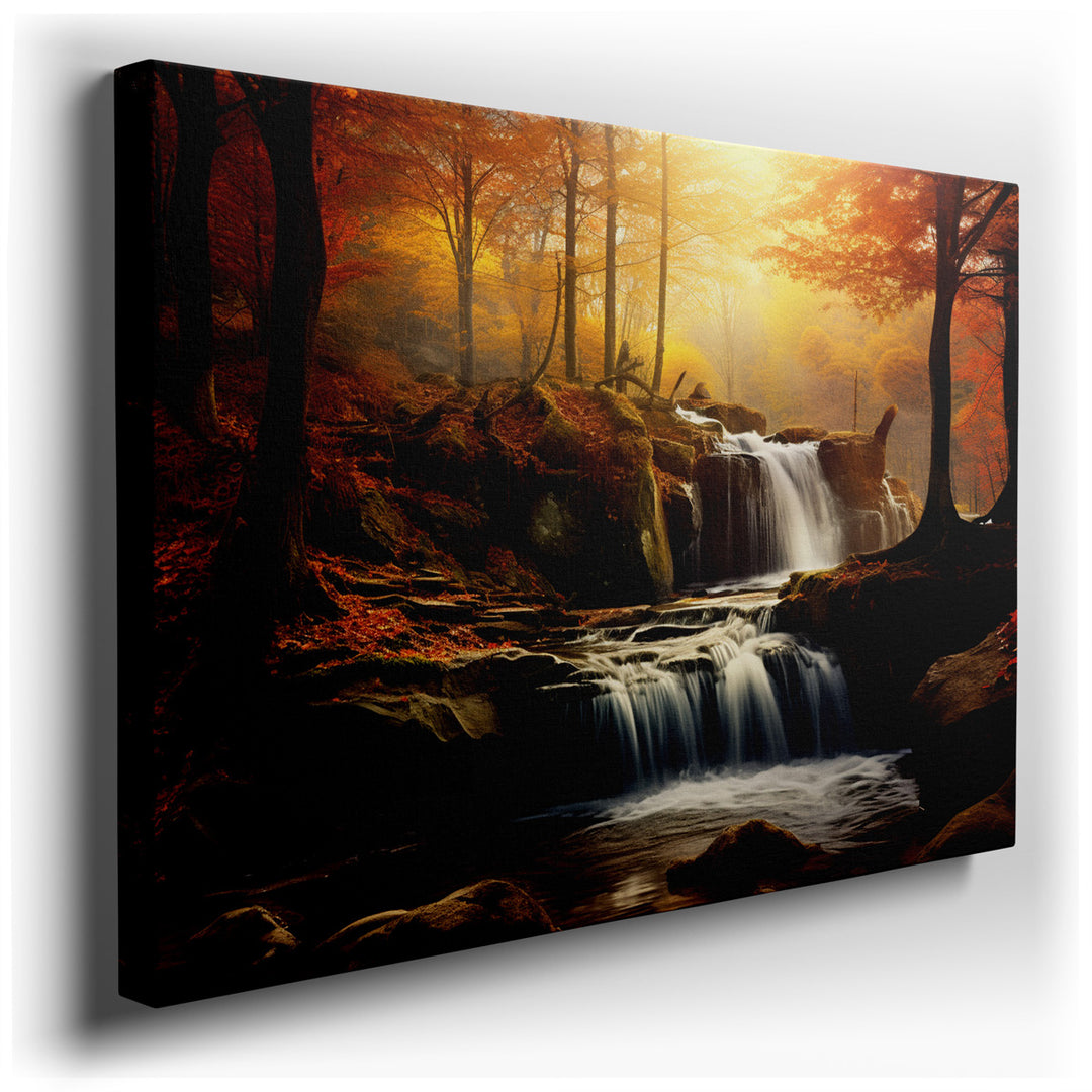 canvas print on wrapped canvas for wall decor – This captivating wall art portrays an enchanting autumnal landscape, where a majestic waterfall gracefully cascades amid...
