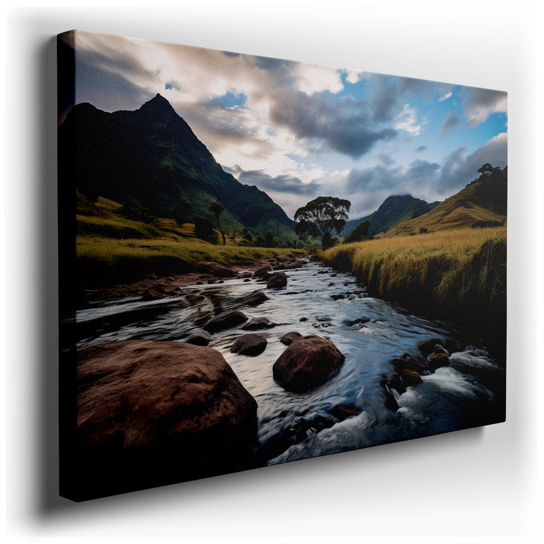 canvas print on wrapped canvas for wall decor – This exquisite wall art captures a serene stream winding its way through a vast expanse of golden grasslands, bordered b...