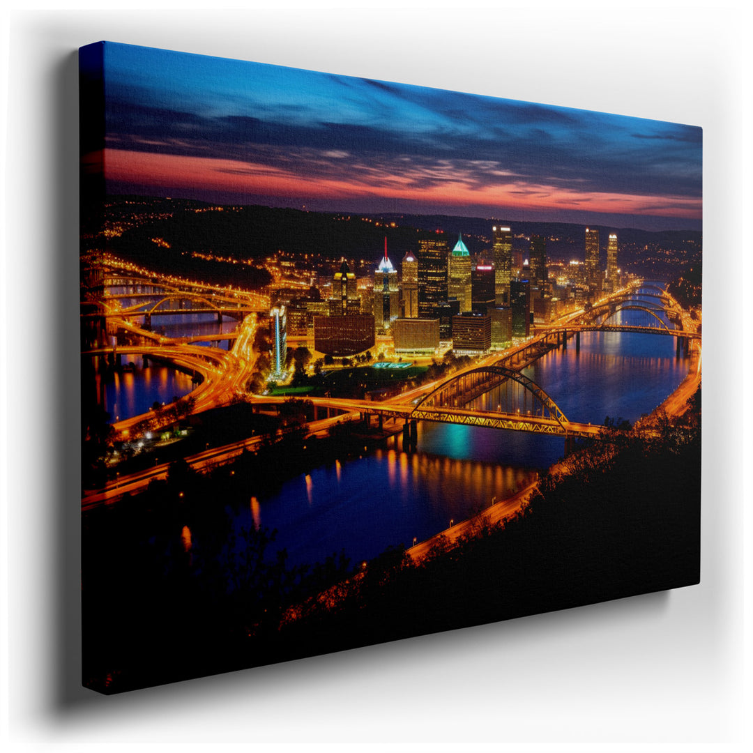 canvas print on wrapped canvas for wall decor – This wall art captures an awe-inspiring view of Pittsburgh's skyline at sunset, a moment when the city seems to pause an...