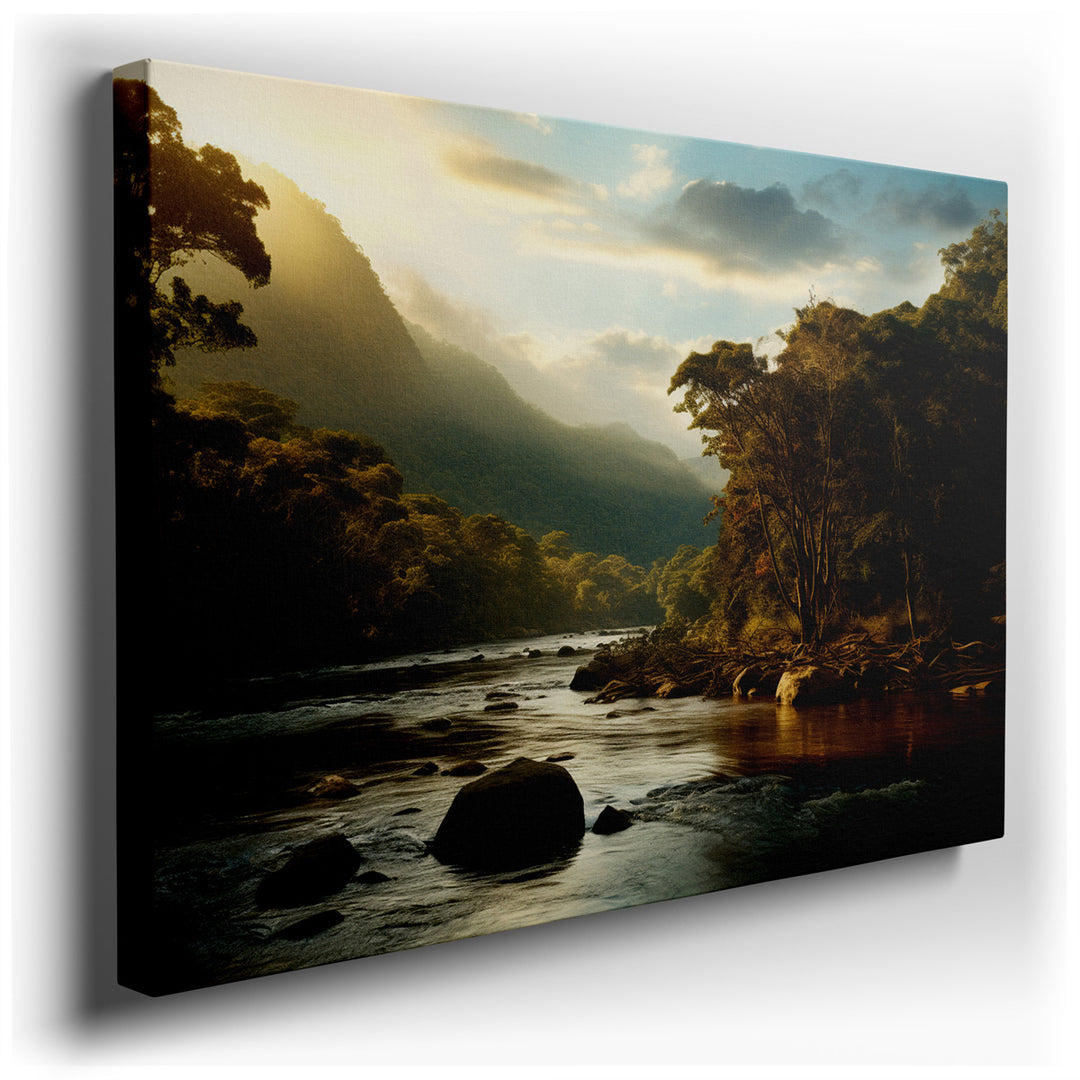 canvas print on wrapped canvas for wall decor – This exquisite wall art masterfully captures the serene essence of a tropical paradise bathed in the enchanting light of...