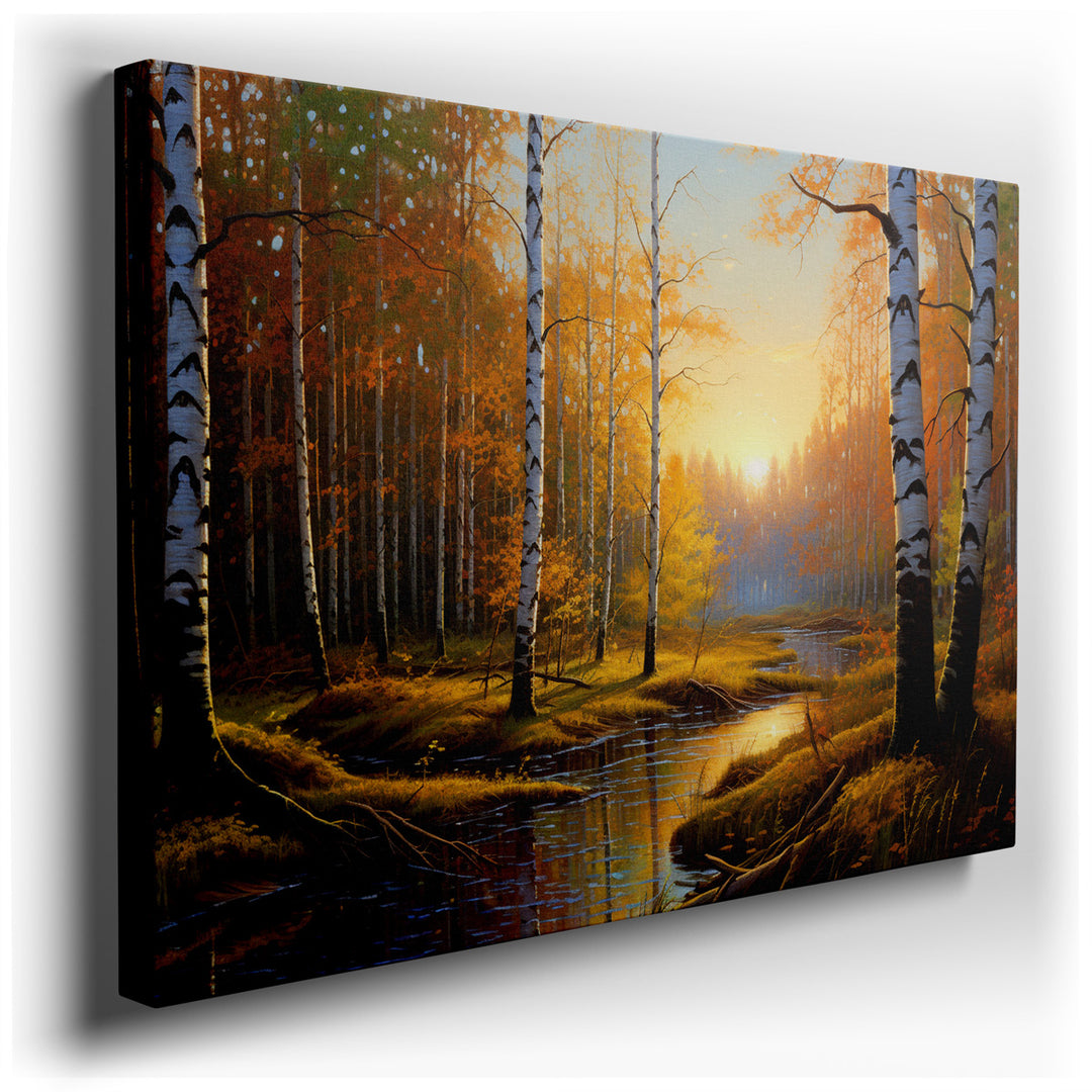 canvas print on wrapped canvas for wall decor – Imagine a wall art that encapsulates the serene beauty of an autumnal sunset, its warm glow bathing a tranquil birch for...