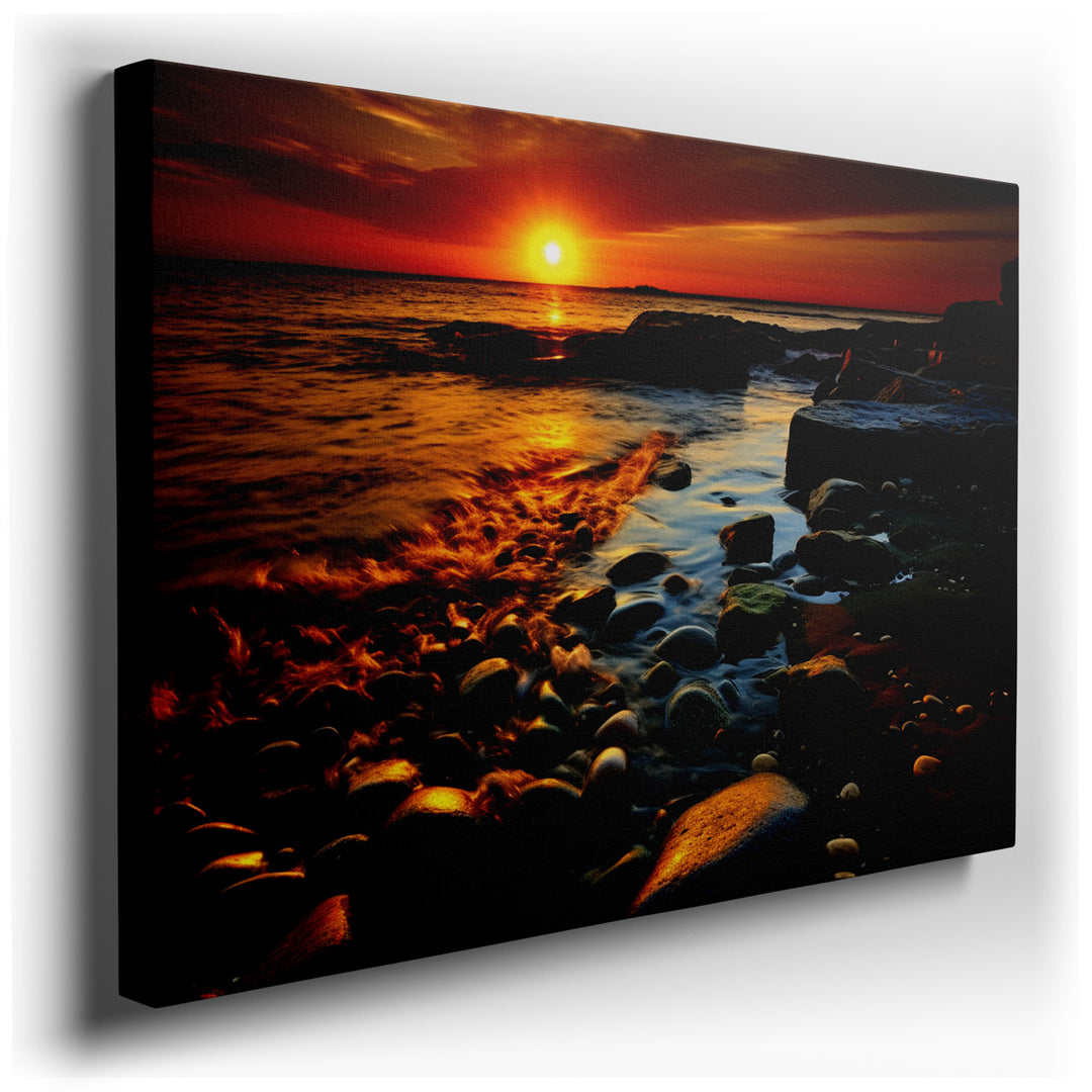 canvas print on wrapped canvas for wall decor – This captivating wall art masterfully encapsulates the serene yet vibrant ambiance of a seaside during the golden hour,...
