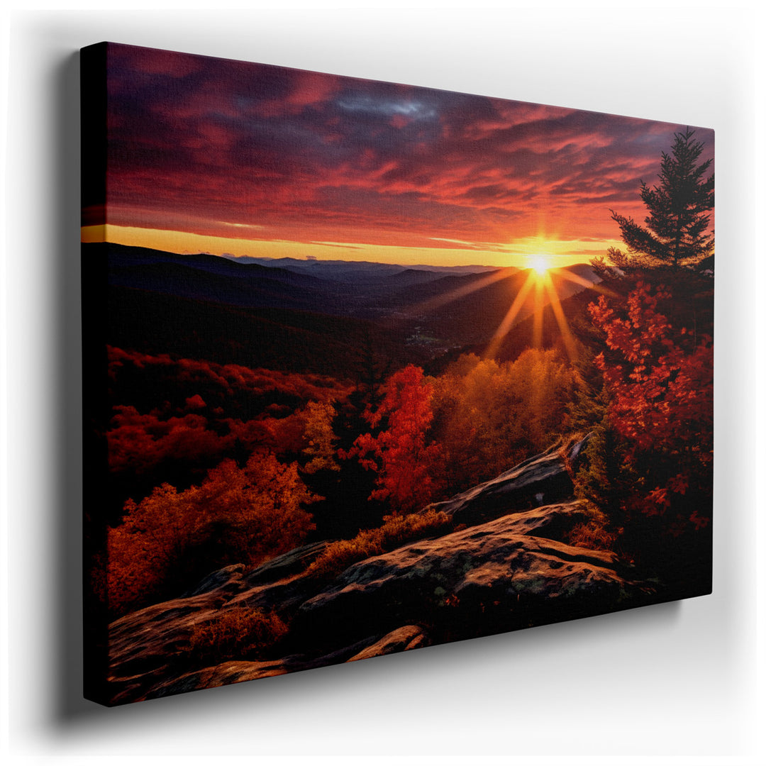 canvas print on wrapped canvas for wall decor – This exquisite wall art captures the breathtaking beauty of a golden hour sunset, casting a warm, radiant glow over a ma...