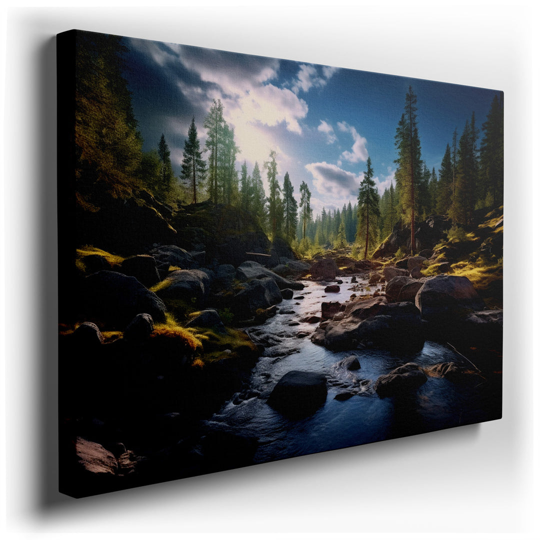 canvas print on wrapped canvas for wall decor – This enchanting wall art captures the essence of a tranquil riverscape, nestled deep within a verdant forest of towering...