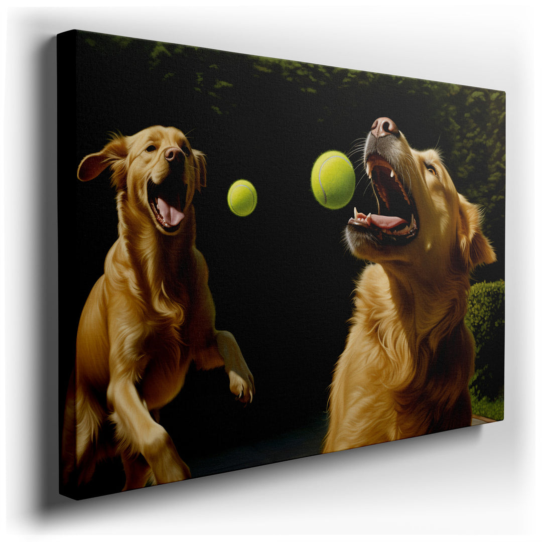 canvas print on wrapped canvas for wall decor – This enchanting wall art captures the essence of joy and vitality through the depiction of two golden retrievers at play...