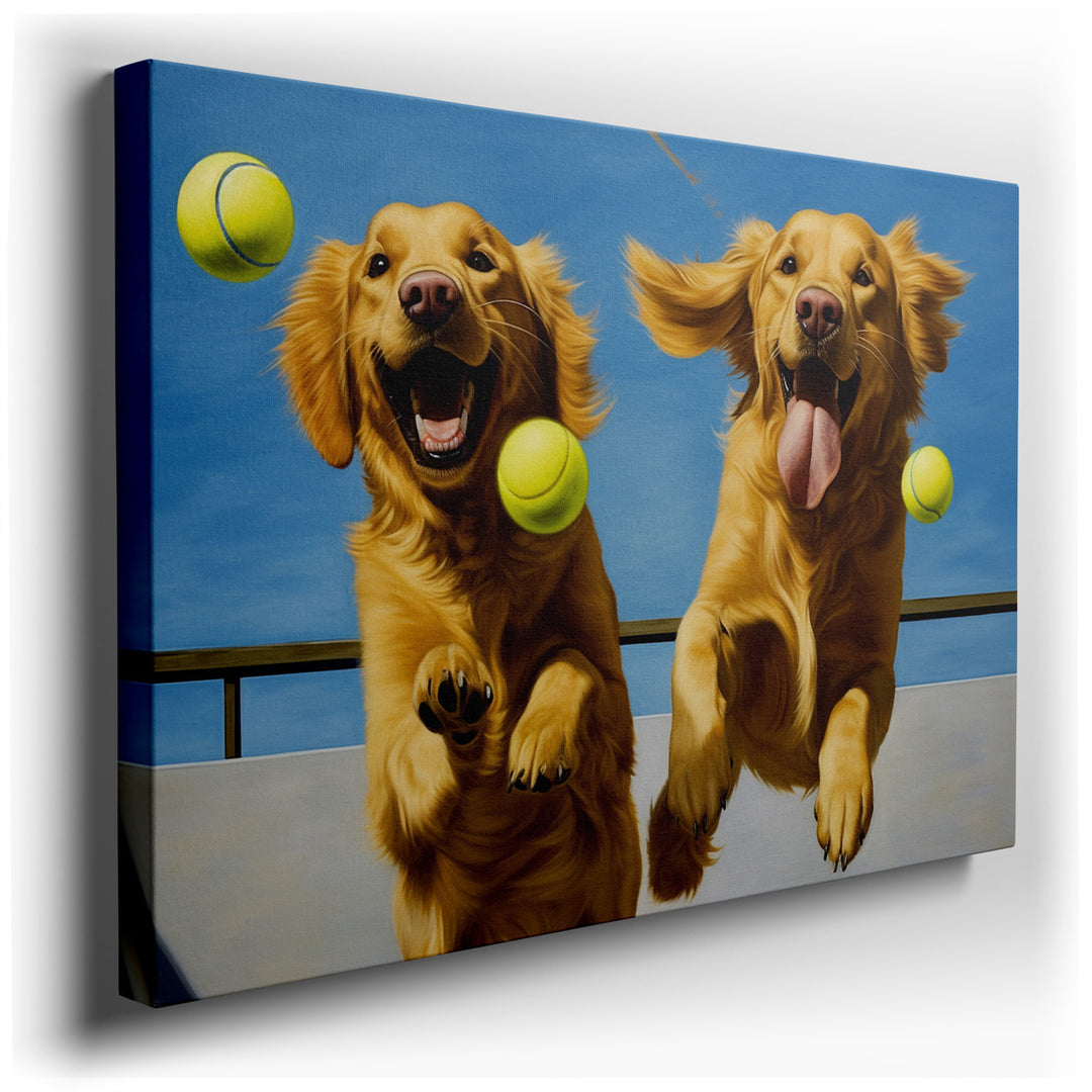 canvas print on wrapped canvas for wall decor – This wall art is a heartwarming portrayal of two golden retrievers, mid-leap, in a vibrant and dynamic scene that captur...