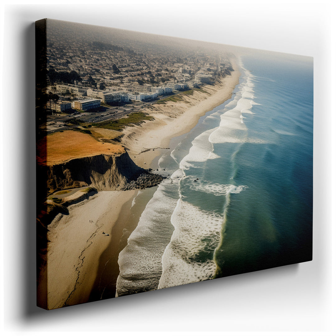 canvas print on wrapped canvas for wall decor – This wall art, an aerial depiction of a vast sandy beach meeting the gentle embrace of the ocean's waves, is a masterpie...