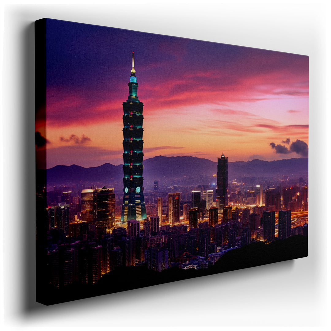 canvas print on wrapped canvas for wall decor – This wall art captures a mesmerizing night scene of the Taipei 101 skyscraper, an iconic emblem of Taiwan's capital, set...