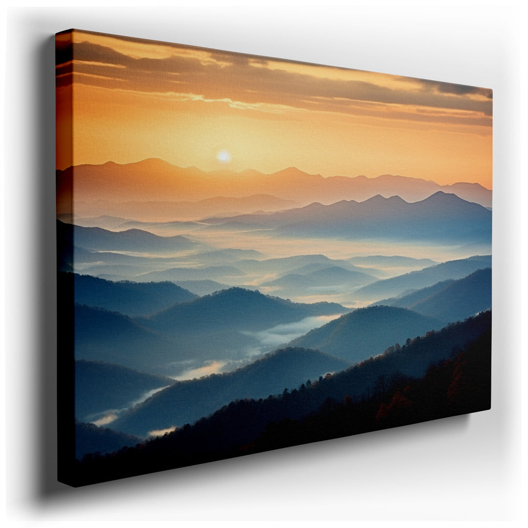 canvas print on wrapped canvas for wall decor – This wall art captures a breathtaking scene of layered mountain ranges illuminated by the soft, golden light of sunrise....