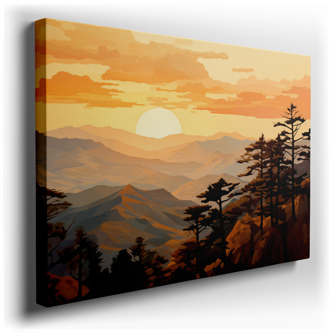 canvas print on wrapped canvas for wall decor – This exquisite wall art captures the breathtaking beauty of a golden sunrise as it gently illuminates a majestic mountai...