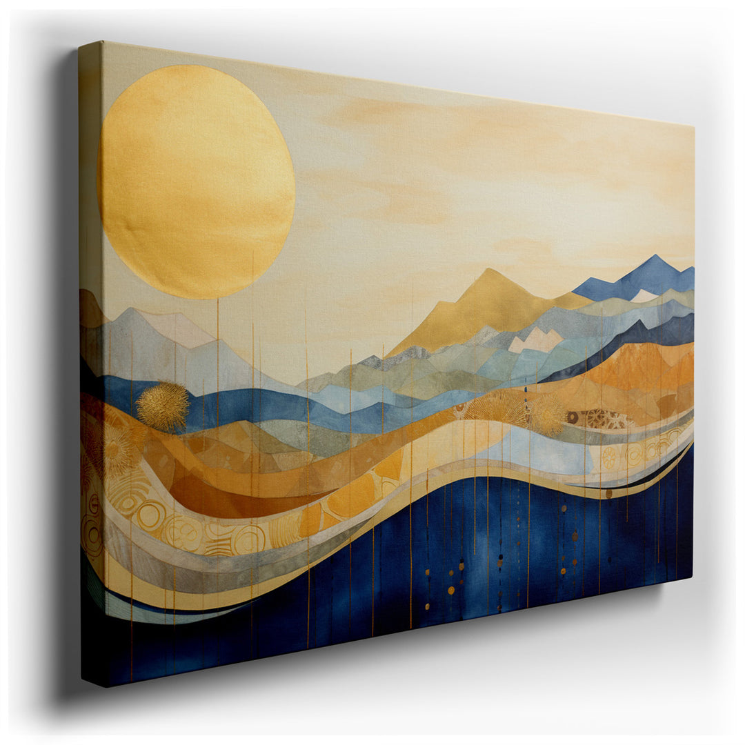 canvas print on wrapped canvas for wall decor – This enchanting wall art captures the essence of a serene mountain landscape bathed in the glow of a golden sun, a symbo...
