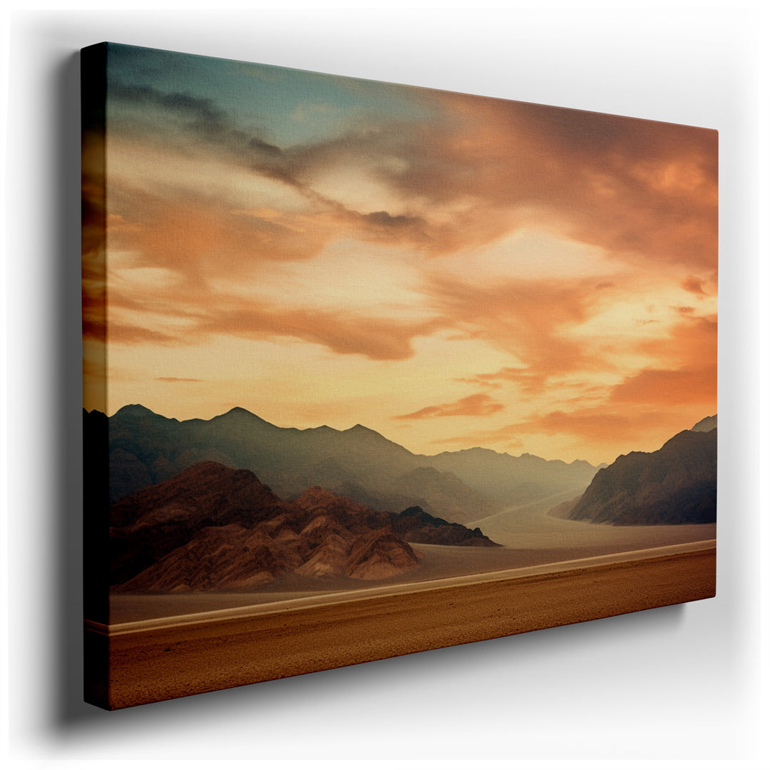 canvas print on wrapped canvas for wall decor – This wall art, a masterful depiction of a desert landscape at sunset, offers a visual journey into the serene yet dramat...